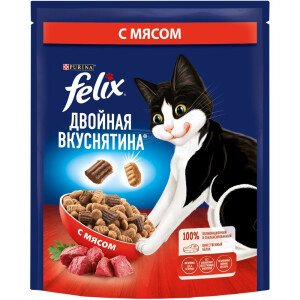 СУХОЙ КОРМ ФЕЛИКС ДВОЙНАЯ ВКУСНЯТИНА ДЛЯ ВЗРОСЛЫХ КОШЕК С МЯСОМ 200 Г