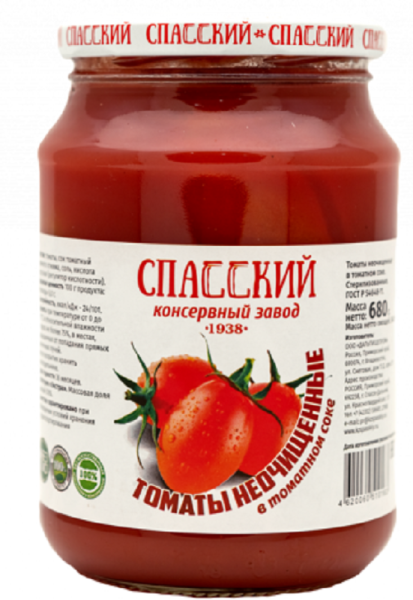 ТОМАТЫ СПАССКИЙ КОНСЕРВНЫЙ ЗАВОД НЕОЧИЩЕННЫЕ В Т/С 680 Г СТ/Б