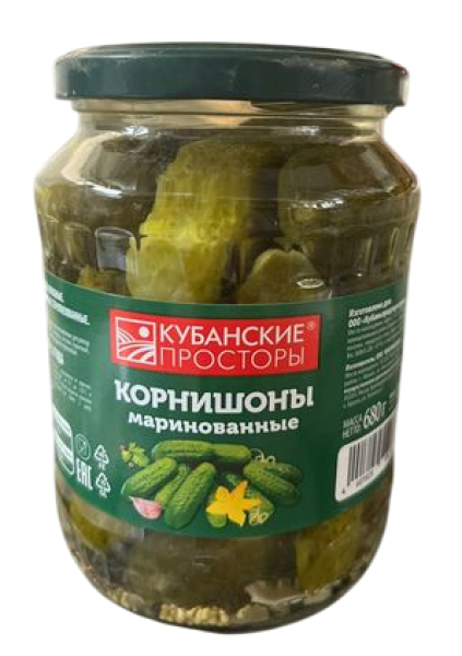 ОГУРЦЫ КРАСНОДАРОЧКА КОРНИШОНЫ ТМ КУБАНСКИЕ ПРОСТОРЫ 680 Г СТ/Б
