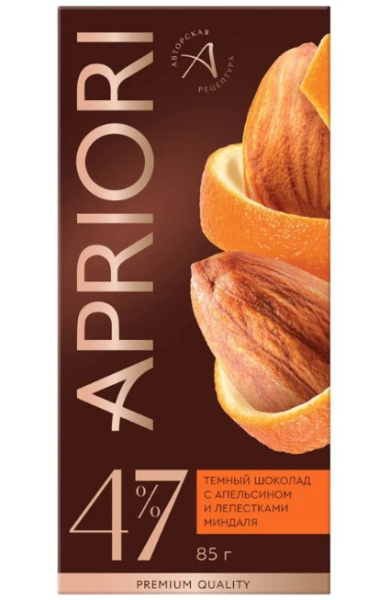 ШОКОЛАД АПРИОРИ С АПЕЛЬСИНОМ И МИНДАЛЕМ ТЕМНЫЙ 50 Г